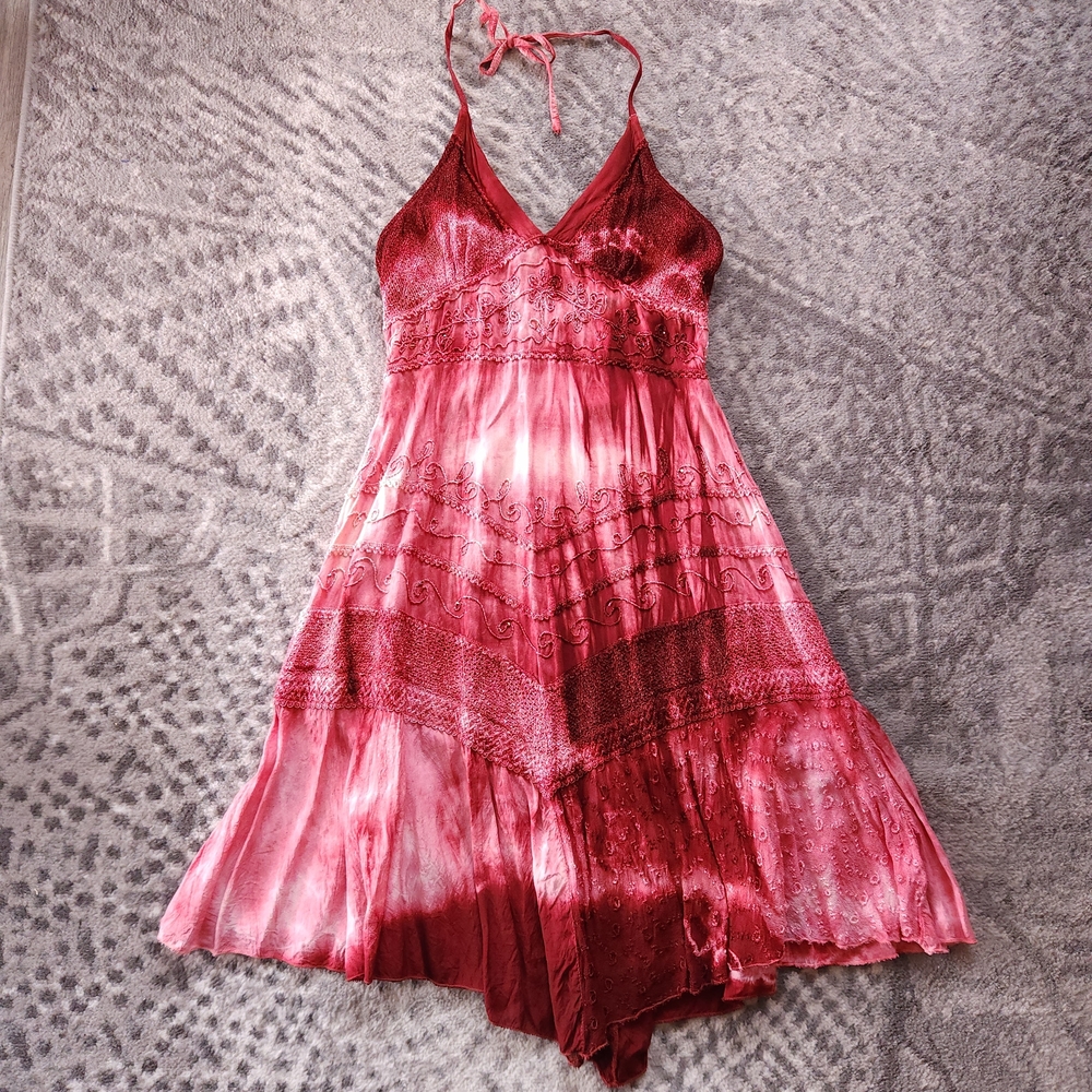 Vintage L.S.I Tie Dye Embroidered Halter Dress Pink Red | Size M | 2000s Y2K